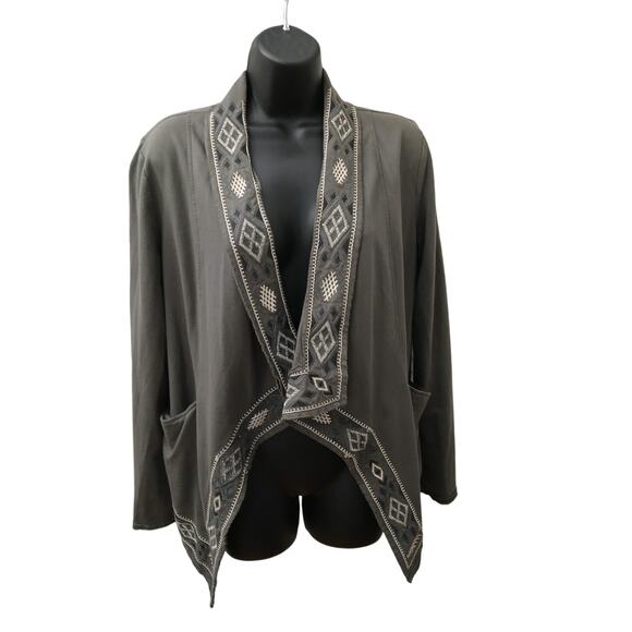 MONORENO  Gray Open Cardigan Embroidery Cotton Flow Look Long Sleeves Pockets L - Picture 1 of 11